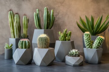 A modern home decor scene featuring geometric concrete planters arranged with small cacti.
