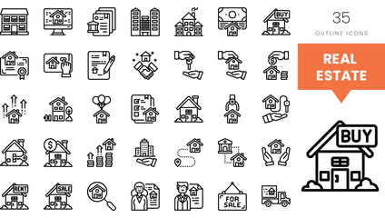 Diverse real estate icons illustrating various aspects of property management and sales.