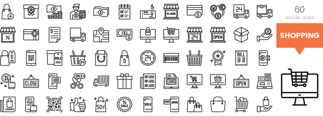 Collection of black and white outline shopping icons for e-commerce and retail.