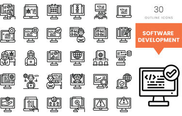 Set of software development icons in a minimalist outline style.