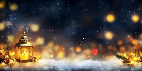 Winter Holiday Lantern Scene: Glowing Candle in Ornate Lantern Set on Snowy Surface with Illuminated Festive Greenery, Creating a Magical and Festive Abstract Background.