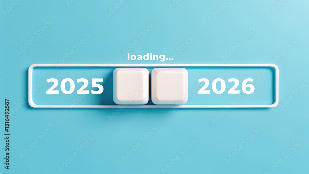 Poster minimalist digital concept representing transition from 2025 to 2026 with loading bar on blue background