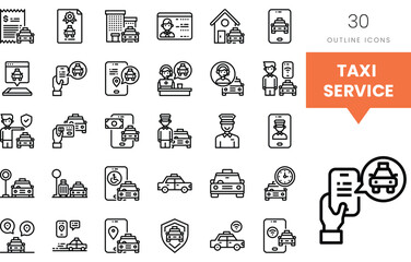 Variety of taxi service icons illustrating different aspects of ride-hailing.