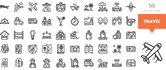 A collection of travel-themed outline icons showcasing various adventure elements.
