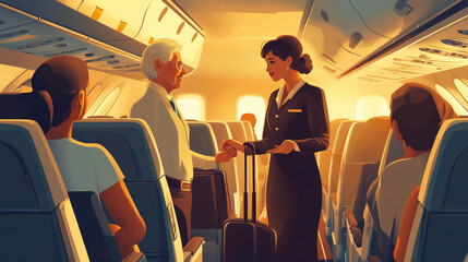 A medium-shot vector illustration of a flight attendant helping an elderly passenger in the overhead bin with her bags.  The attendant's kind and polished manner is accentuated by the aircraft's cozy 