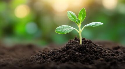 Fototapeta premium Young green plant sprout growing in rich dark soil outdoors new life leaf stem root earth fresh