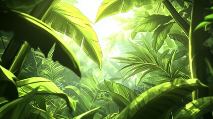 Lush Green Tropical Jungle with Sunlight Filtering Through Dense Foliage