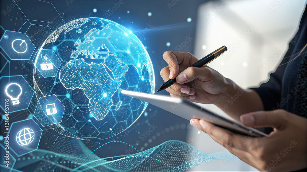 Poster person uses digital pen to interact with futuristic interface displaying glowing globe and various icons, symbolizing global connectivity and technology