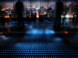 Obraz premium Abstract 3D Grid Floor with Night Cityscape Background Illustration