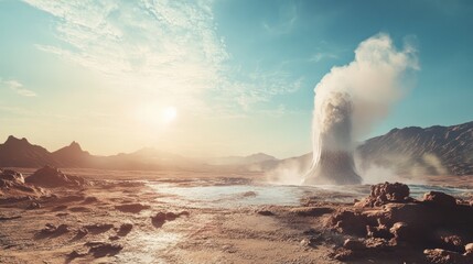 Surreal Geothermal Landscape with Erupting Geyser Under a Sunny Sky