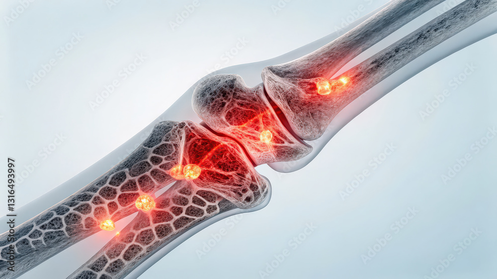 Poster X ray visualization of fractured bone with glowing red highlights indicating areas of damage and inflammation, showcasing internal structure and texture of bone