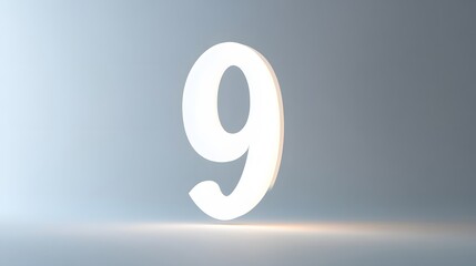 A mystical, softly glowing white number "9" floating slightly above the center of a pure white background. The glow effect is subtle yet mesmerizing, creating an angelic and dreamlike atmosphere. The
