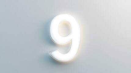 A mystical, softly glowing white number "9" floating slightly above the center of a pure white background. The glow effect is subtle yet mesmerizing, creating an angelic and dreamlike atmosphere. The