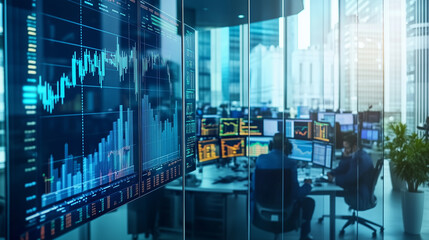 Modern Trading Floor with Glass Walls and Digital Market Data