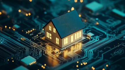 Obraz premium Smart Home Technology Digital House Circuit Board Illuminated Modern Architecture Futuristic Residential Building Design Innovation Network Connection