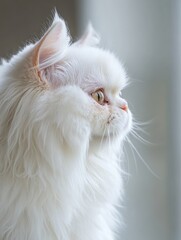 Elegant white persian cat gazing with contemplative serenity indoors