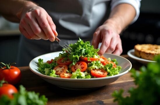 Healthy balanced diet and weight loss due to calorie deficit. We take care of our health and figure. Salad of vegetables and green lettuce leaves - Powered by Adobe