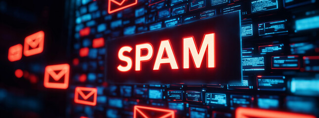 A digital email interface on a computer screen, showing an unread email with the subject line in bold red letters SPAM .