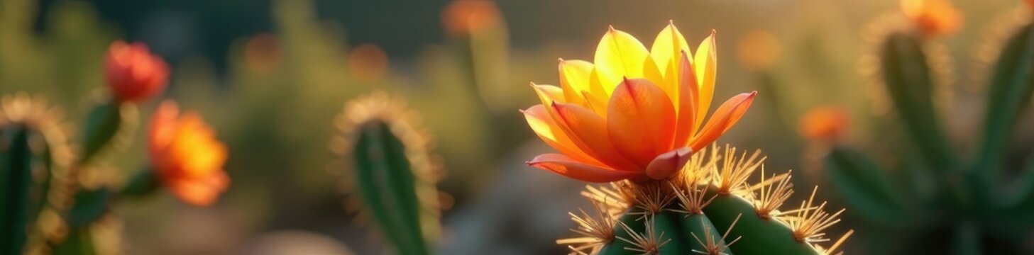 Prickly orange flower blooms on cholla cactus stem, orange bloom, cactus flower