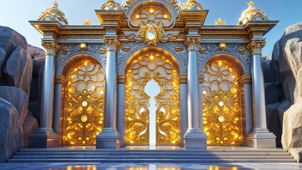 Fototapeta premium Grand Entrance with Ornate Gilded Pillars, Baroque-Style Golden Gates, and Divine Illumination Reflecting a Mystical Ambiance