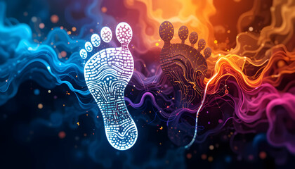 Digital Footprint Illustration with Abstract Waves and Electronic Circuit