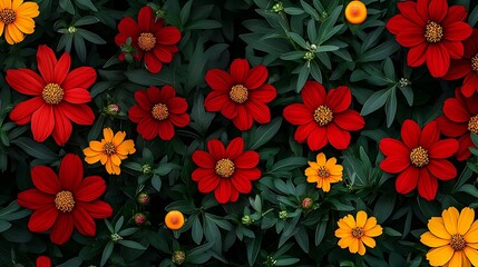 Vibrant Red and Gold Flowers in Lush Green Foliage: A Detailed Botanical Illustration AI Generated