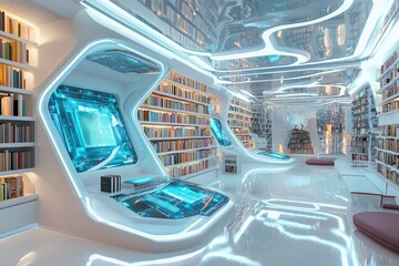 Library of the future features VR and holographic texts.