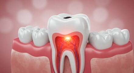 Illustration of a tooth with visible decay and inflammation in the pulp.