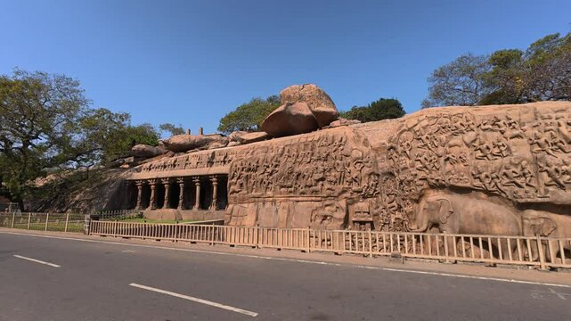 UHD 4K / 60 FPS Video - Exclusive Monolithic Rock Carved- Arjuna penance is UNESCO's World Heritage Site located at Mamallapuram or Mahabalipuram in Tamil Nadu, Great South India. worlds wonder site.