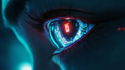 Cybernetic Eye Digital Art Futuristic Technology Closeup Blue Red Neon Glowing Iris Detailed High Resolution Sci Fi Vision Artificial Intelligence    