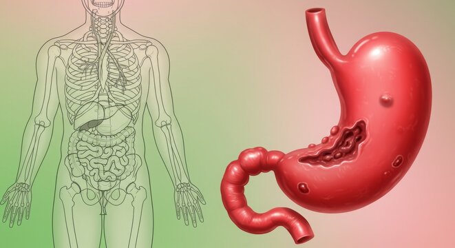 Illustration of human anatomy highlighting the stomach and digestive system.