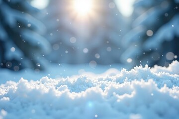 Naklejka premium Snowflakes gently falling around a snow-covered landscape, white, peaceful