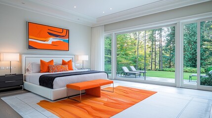 Modern Bright Orange And White Bedroom With Large Windows Overlooking A Lush Green Landscape In A Contemporary Home Environment
