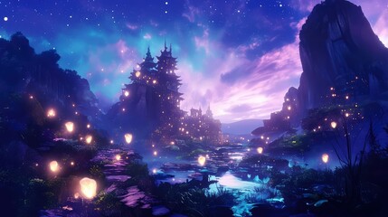 Enchanting Night Scene Fantasy Village with Floating Lanterns and Starry Sky
