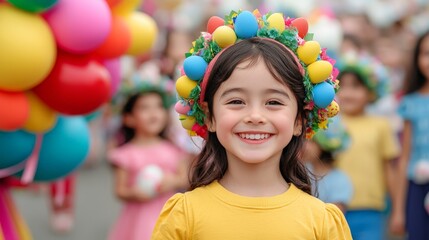 Fototapeta premium Happy Child in Colorful Festival Attire with Floral Headdress Smiling Joyfully