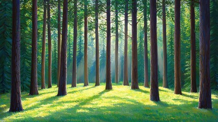 Obraz premium A serene forest scene with tall trees, sunlight filtering through the canopy, and a lush green undergrowth creating a peaceful atmosphere.