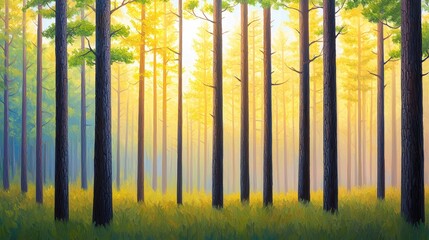 A serene forest scene with tall pine trees bathed in warm sunlight, creating a tranquil atmosphere among lush greenery.