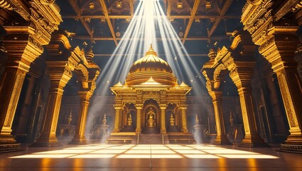 Obraz premium Awe-Inspiring Baroque Cathedral with Gilded Details, Grand Columns, and Celestial Light Rays Enhancing the Sacred Space