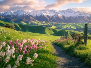 Obraz premium Serene Mountain Path with Blooming Flowers and Snow-Capped Peaks, Ideal for Travel Brochures, Nature Documentaries, and Calming Backgrounds