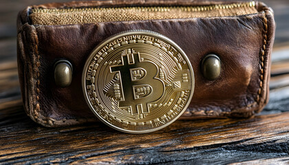 Golden Bitcoin Coin In Worn Leather Wallet On Wooden Table