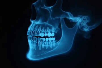 "Side Profile X-ray of a Human Skull with Detailed View of Teeth and Jawbone for Medical and Educational Purposes"