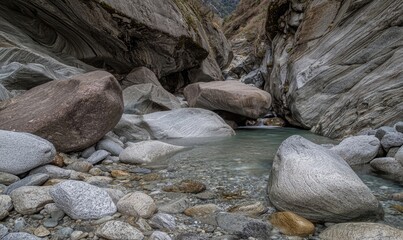 Obraz premium Scenic River Flowing Through Rocky Canyon Landscape Surrounded by Imposing Natural Rock Formations in a Remote Wilderness Area