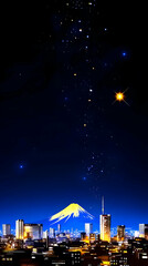 Fototapeta premium Night City Skyline with Mount Fuji and Starry Sky: An Artistic Digital Illustration of a City at Night with a Mountain and Falling Stars, Showing the Beauty of Urban and Natural Landscapes