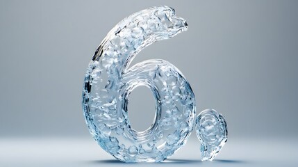 A crystalline ice number "6," delicately sculpted with sharp, intricate details. The icy surface is perfectly transparent, with tiny frozen bubbles trapped inside. Soft lighting reflects off the