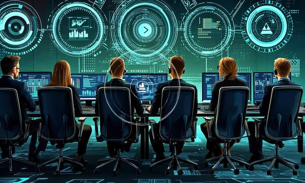 A team of technical support professionals in a call center, working with digital dashboards
