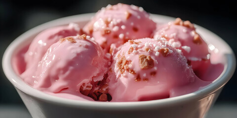 Close-up of Pink Ice Cream Scoops with Crumble Topping in a White Bowl, under Bright Sunlight