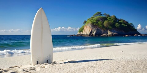 Fototapeta premium White surfboard standing upright in the sand on a tropical beach with an island in the background. A perfect summer vacation and water sports mockup for adventure and travel branding.