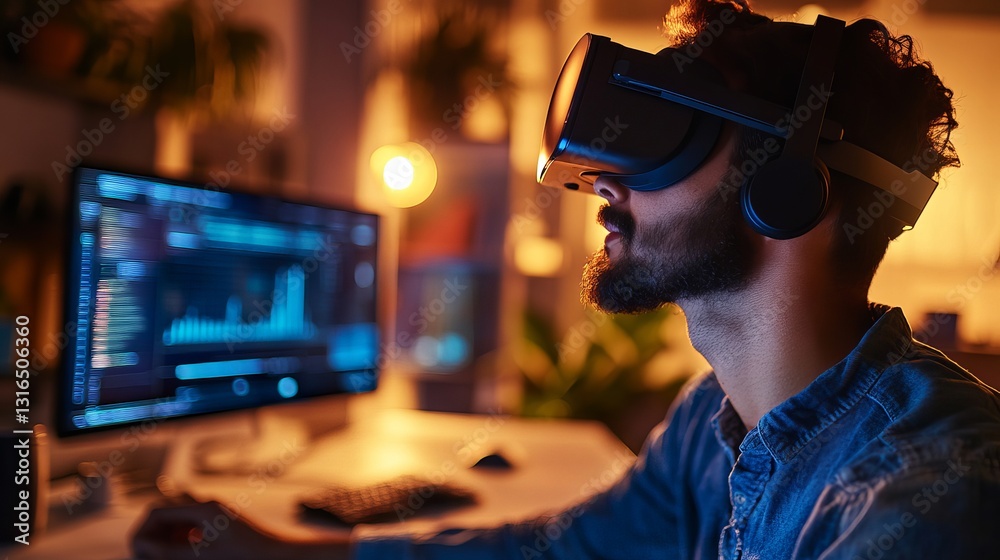 Poster man wearing vr headset working late night on computer digital technology modern programmer immersive
