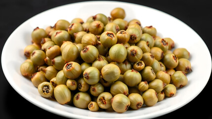 Dry green pistacia terebinthus or terebinth or turpentine seeds. Menengic seeds in a white plate isolated on black background. Citlembik fruits. Close-up. Menengic, hackberry healthy fruits.