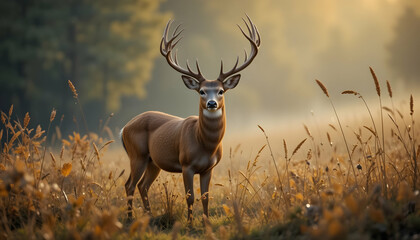 Majestic Deer Standing Tall in Grassy Field During Golden Hour